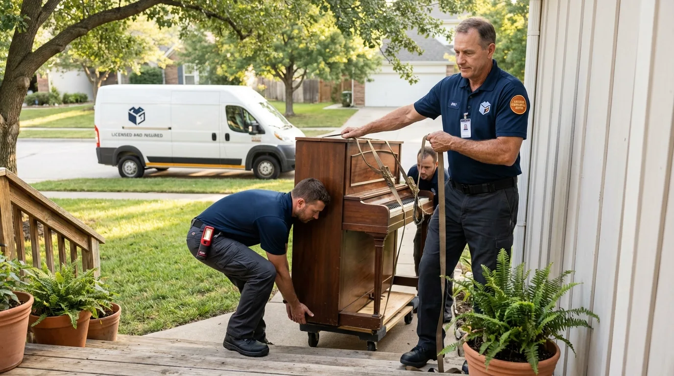 Licensed piano movers securing grand piano in Alva, OK